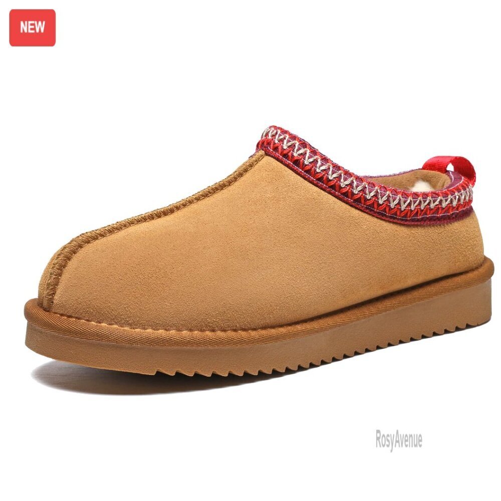 Genuine Suede Platform Slippers with Faux Fur Lining, Non-Slip Sole, Indoor
